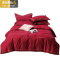 简约婚庆四件套红色棉60支长绒棉贡缎刺绣被套棉结婚喜被床单 三维工匠