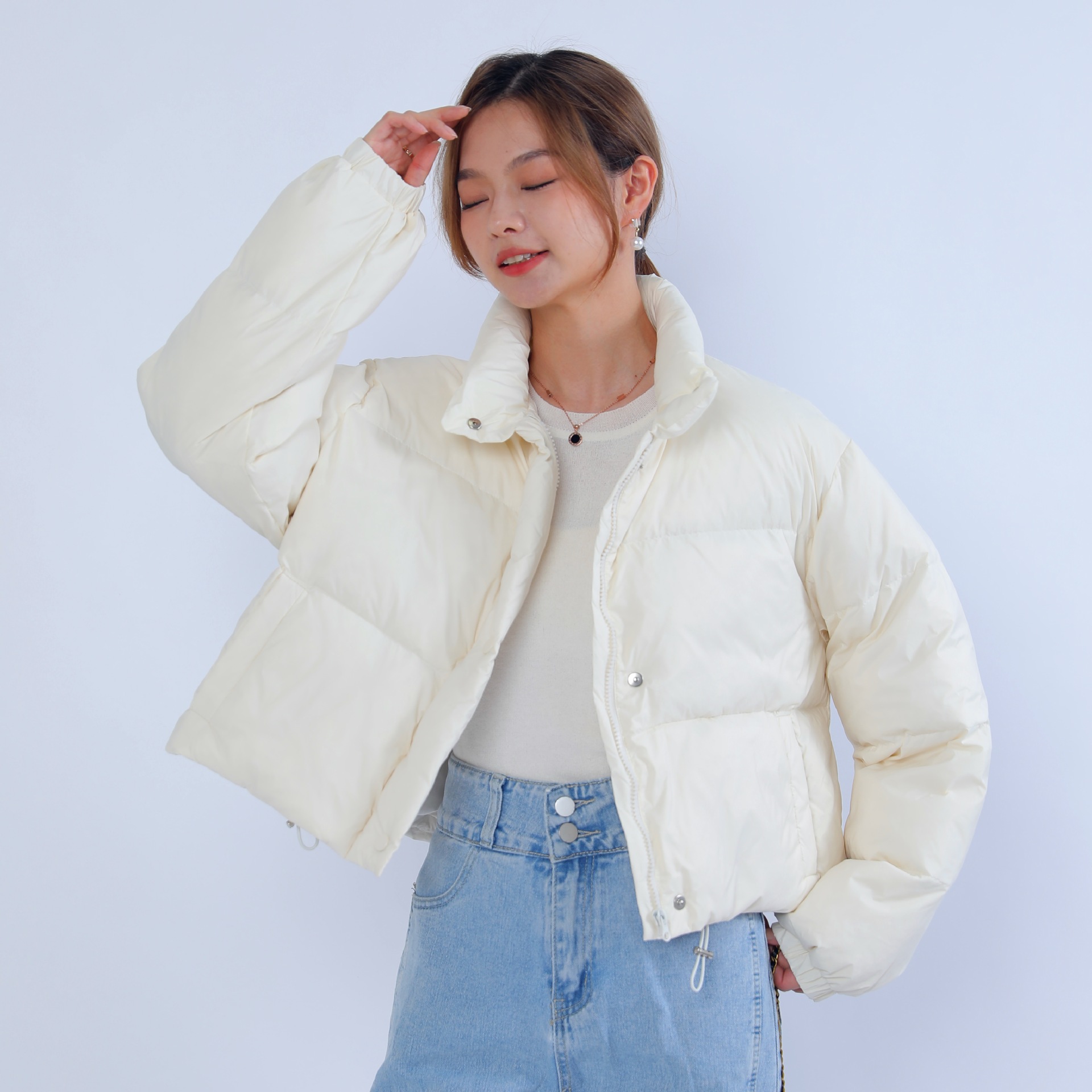 纯色简约加厚女短款立领小个子加厚白鸭绒面包服羽绒_845 白色 M