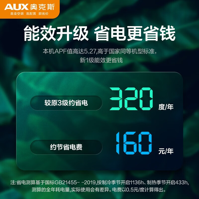 奥克斯(AUX)空调挂机1.5匹新一级能效国家补贴变频冷暖家用壁挂式挂机空调KFR-35GW/BpR3AQF19(B1)