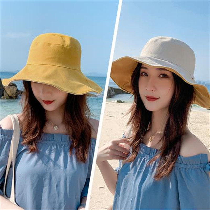 ZOAN G 遮阳帽渔夫帽女夏季户外海边沙滩帽防晒帽太阳帽双面可戴 黄/米