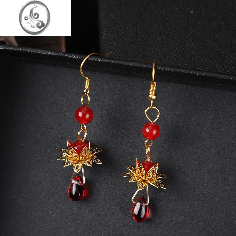 jimi原创手工古风流苏耳环短女莲花琉璃耳坠汉服头饰无耳洞耳夹红水滴