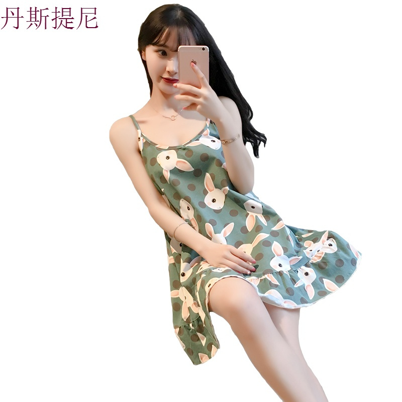 韩版带睡裙女夏冰丝清新学生中裙子可爱甜美公主居家服少女睡衣