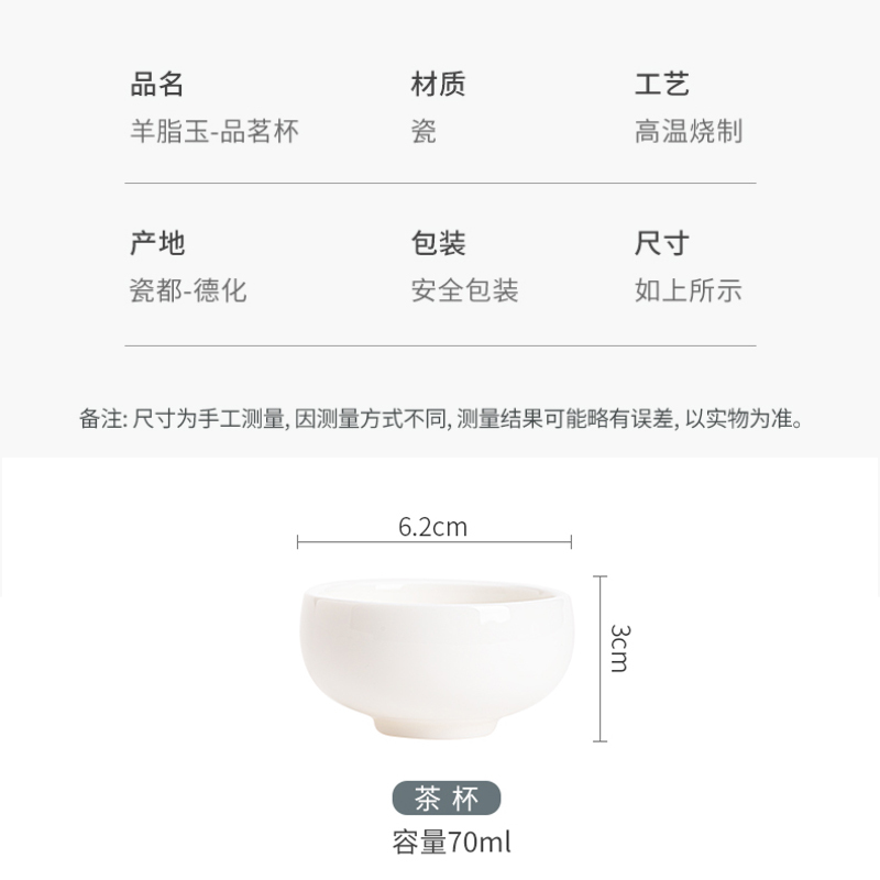 苏氏陶瓷(SUSHI CERAMICS)茶杯 白瓷中国白个人杯羊脂玉主人杯品茗杯8个装
