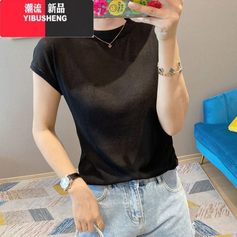 YIBUSHENG欧货白色t恤女季短袖漂亮时尚冰丝针织衫小众内搭上衣2024新款 黑色 2XL