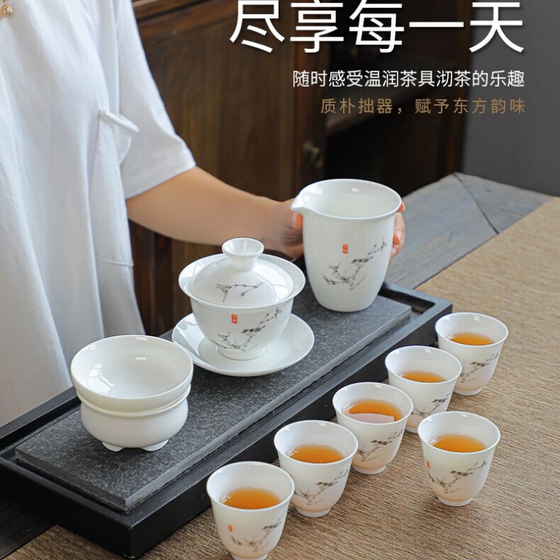 拓牌10头亮光羊脂玉瓷 竹报平安盖碗款