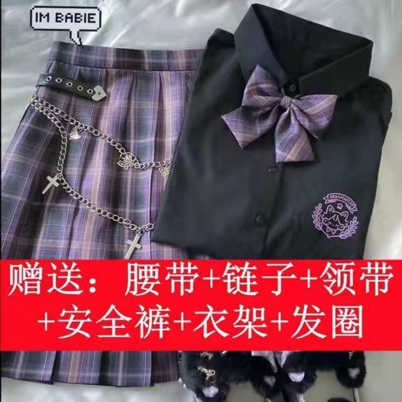 jk制服不良少女百褶裙校服裙子短裙正版原创糖果猫套装学院风12岁 短袖格裙领结腰带链子衣架安全裤发圈 XS 55-75斤