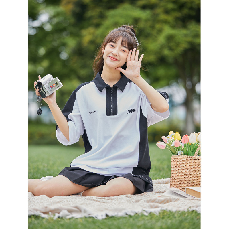 [2.5折价74元]唐狮夏季女袖子拼接撞色短袖polo衫显瘦百搭韩系休闲潮流