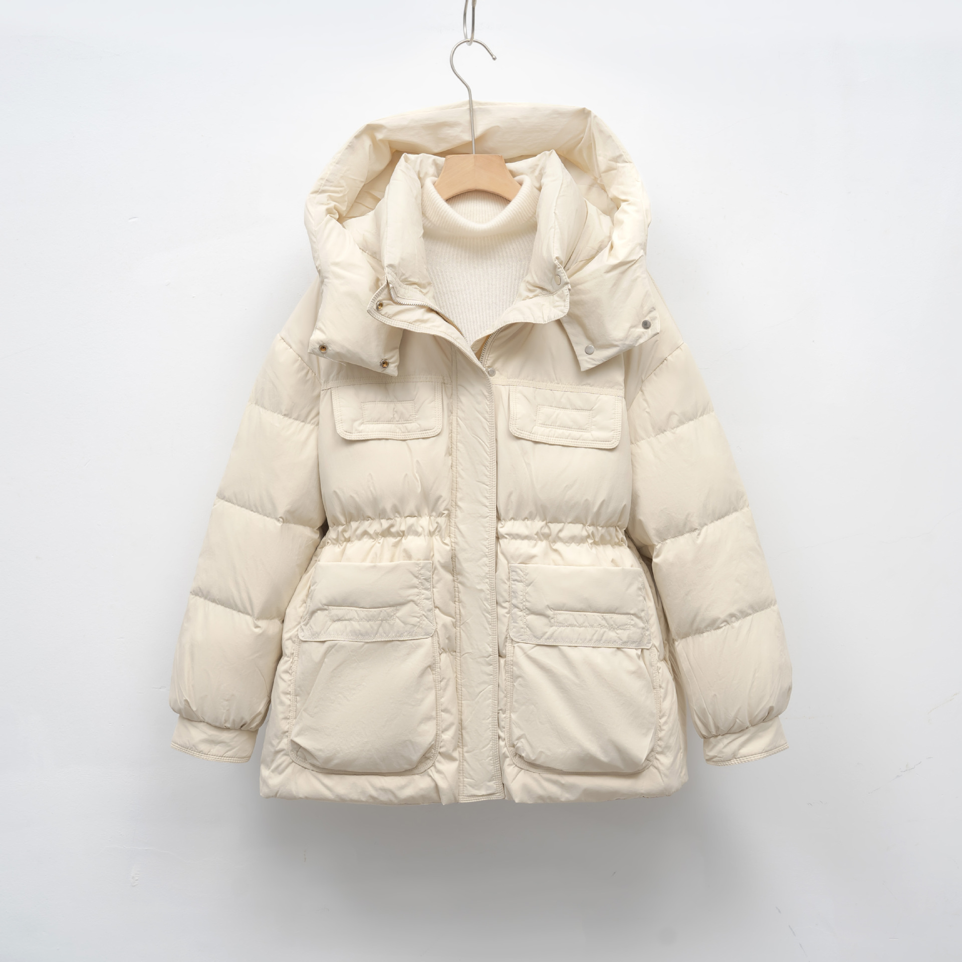 羽绒服女冬季新款白鸭绒连帽收腰加厚修身显瘦时尚保暖外 米黄色 M