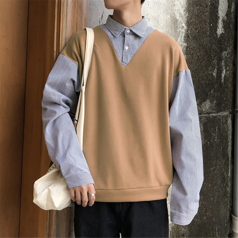 梵克公牛港风2020新款条纹长衬衫男士百搭方领假两件毛衣秋季流ins