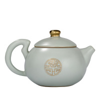 常生源 茶壶原矿汝窑汝瓷开片功夫茶具茶壶陶瓷泡茶壶 浮雕金西施壶