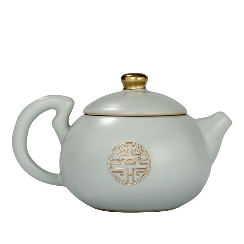 常生源 茶壶原矿汝窑汝瓷开片功夫茶具茶壶陶瓷泡茶壶 浮雕金西施壶