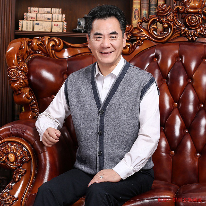 春秋男装毛织背心加厚老年开襟马甲爸爸羊绒马甲开衫加肥加大毛衫 8012款灰色 2XL