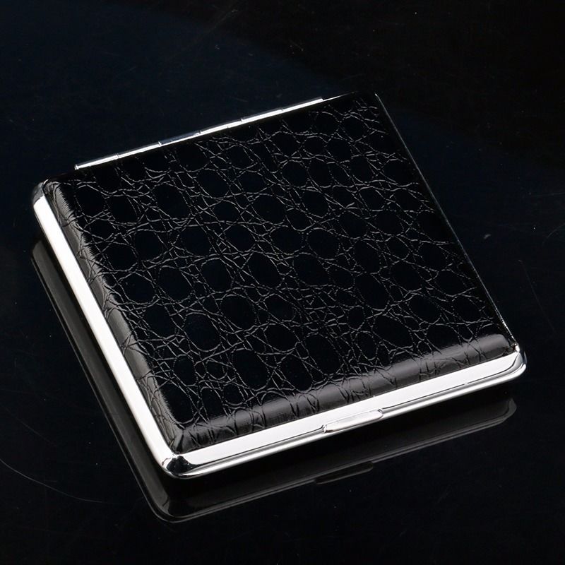 抗压烟盒20支装便携超薄合金皮盒子男个性创意粗烟金属烟夹子 黑色