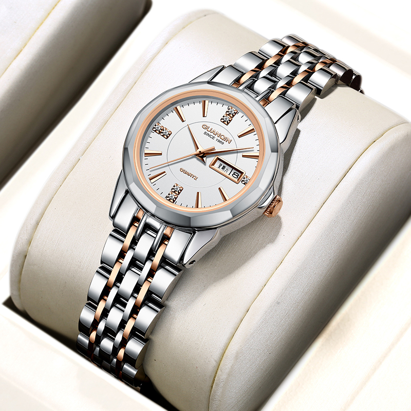 新款冠琴guanqin品牌手表女精钢带石英表女士防水手表潮流钻度双日历