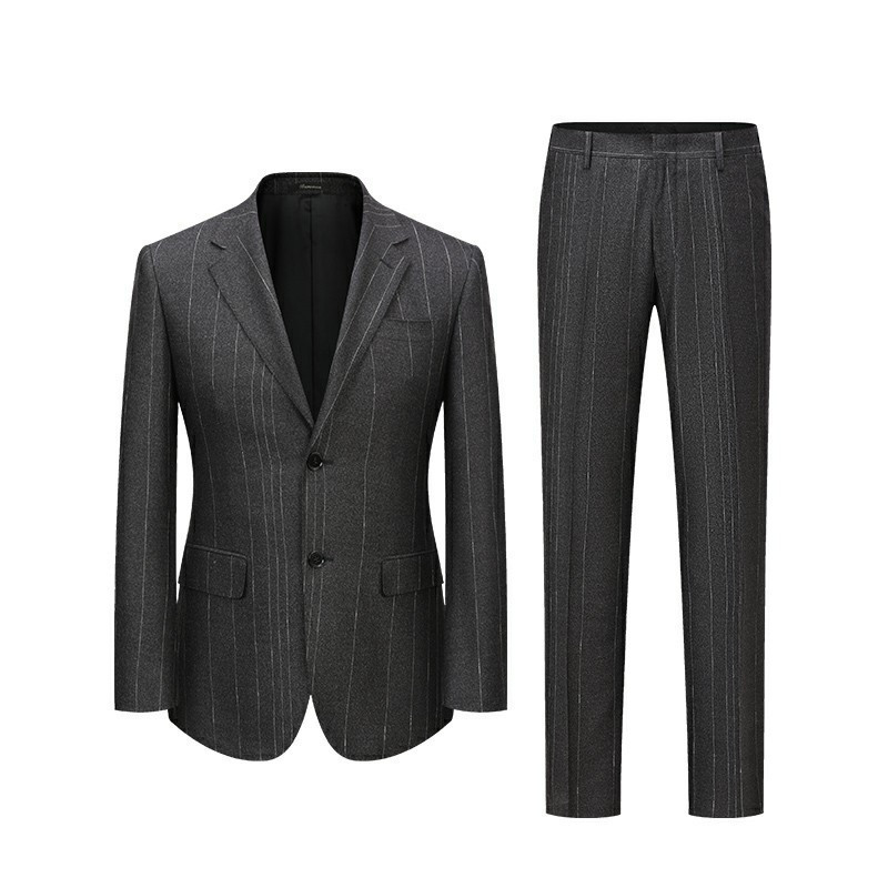 baromon培罗蒙秋装新品男士商务正装深灰色条纹西装修身西服套装