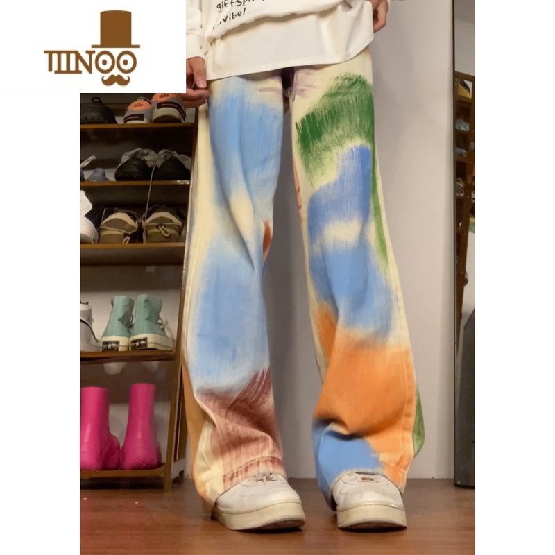 YANXUe020水洗涂鸦牛仔裤高街直筒休闲裤美式新款感裤子男女长裤水高清大图