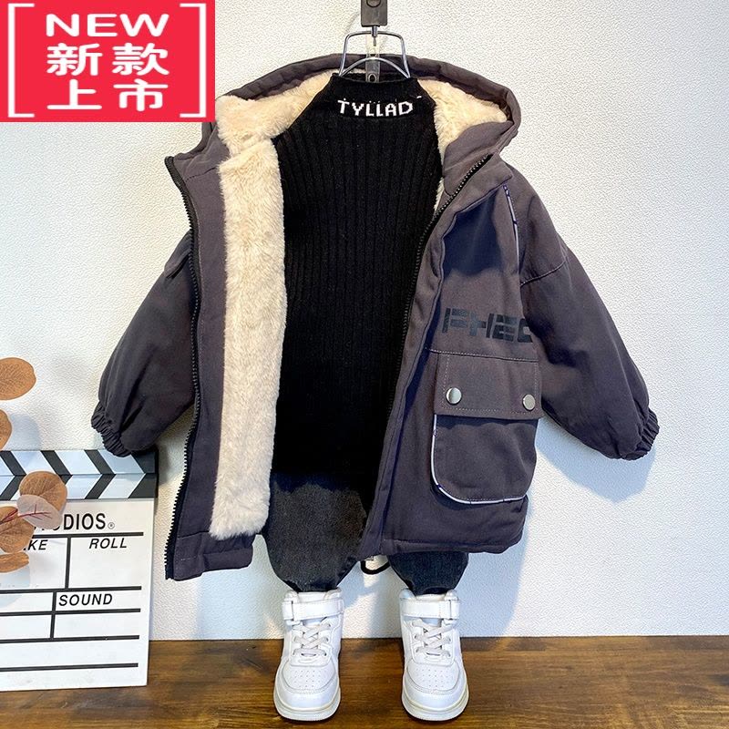 可莉允香港男童时髦外套2022秋冬新款洋气宝宝加绒棉服儿童网红派克棉袄图片