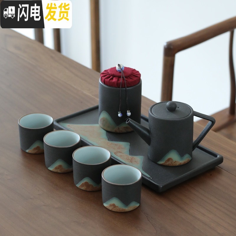 三维工匠日式简约粗陶茶具家用功夫茶具小套装整套家用办公礼品套装 姜黄云梯壶套装 7件高清大图