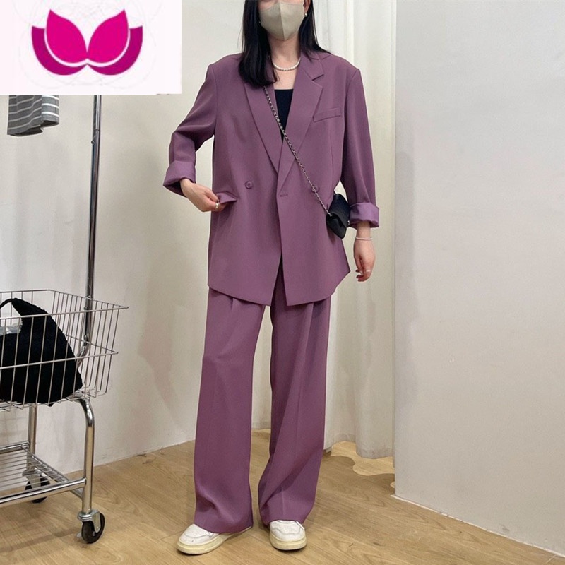 七斓西装阔腿裤套装女大码胖mm韩版休闲宽松高级感垂感职业套 5XL建议195-215斤 紫色