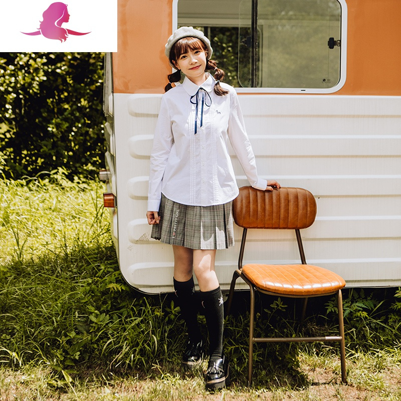 艳如飞学院风白衬衫少女大童jk韩版长袖棉蝴蝶结领结初中学生春装衬衣衬衫