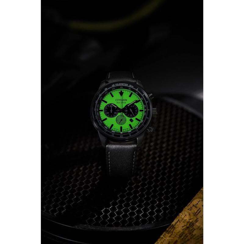 Citizen男士手表 三眼大三针夜光 经典气质防水光动能黑色皮带男表图片