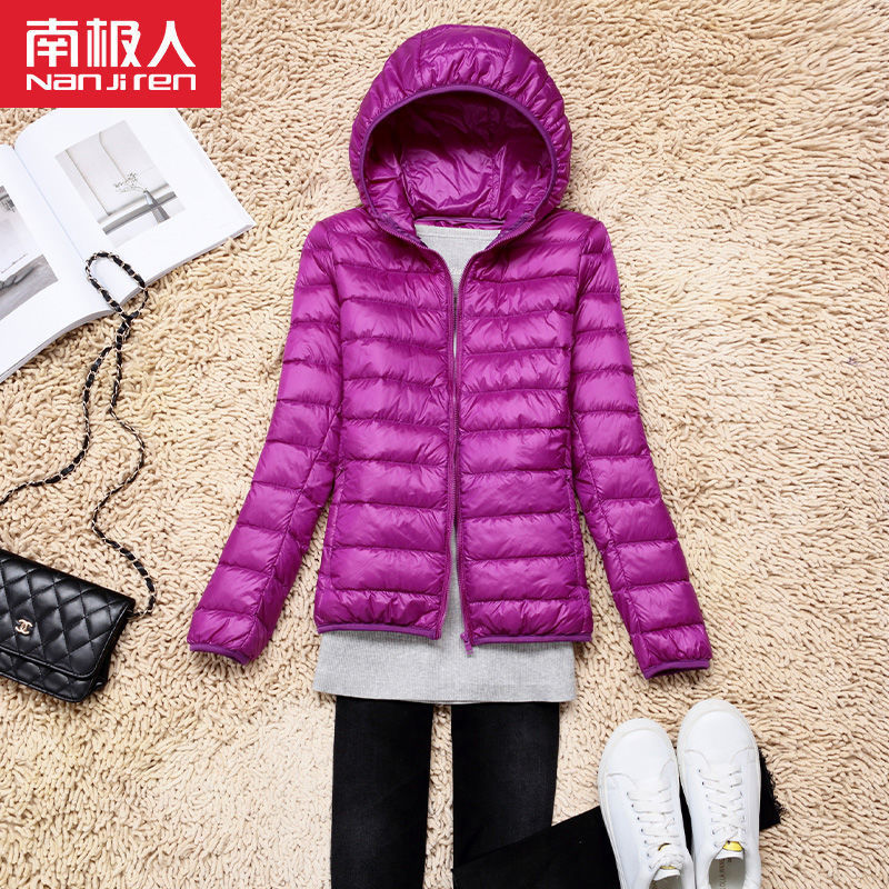 反季清仓轻薄棉服女士短款连帽立领秋冬修身大码学生外套 紫色【连帽】 XL建议120斤左右