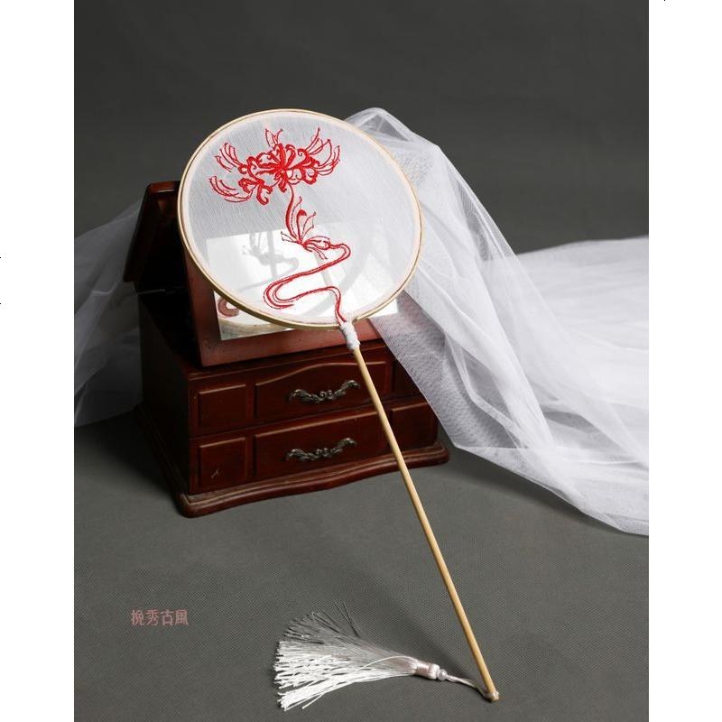 彼岸花宫扇工艺扇流苏白色曼陀罗花绣花长柄扇汉服团扇古