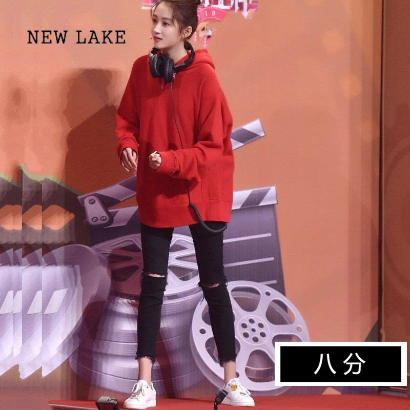 NEW LAKE黑色七分破洞牛仔裤女2024年夏天薄款紧身显瘦小个子小脚九分裤子