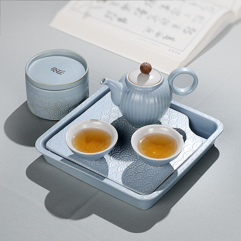 百鸿 日式粗陶五行快客杯整套茶具 一茶壶两杯茶叶罐带茶盘 创意便携旅行功夫茶具套装 水