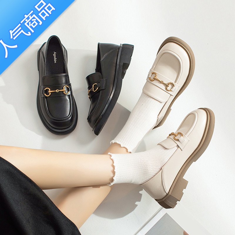 SUNTEK厚底乐福鞋女2023新款夏季粗跟白色英伦小皮鞋一脚蹬软皮浅口单鞋高清大图