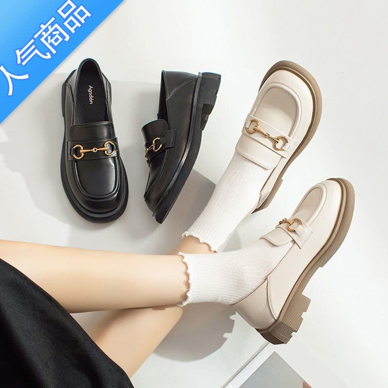 SUNTEK厚底乐福鞋女2023新款夏季粗跟白色英伦小皮鞋一脚蹬软皮浅口单鞋图片