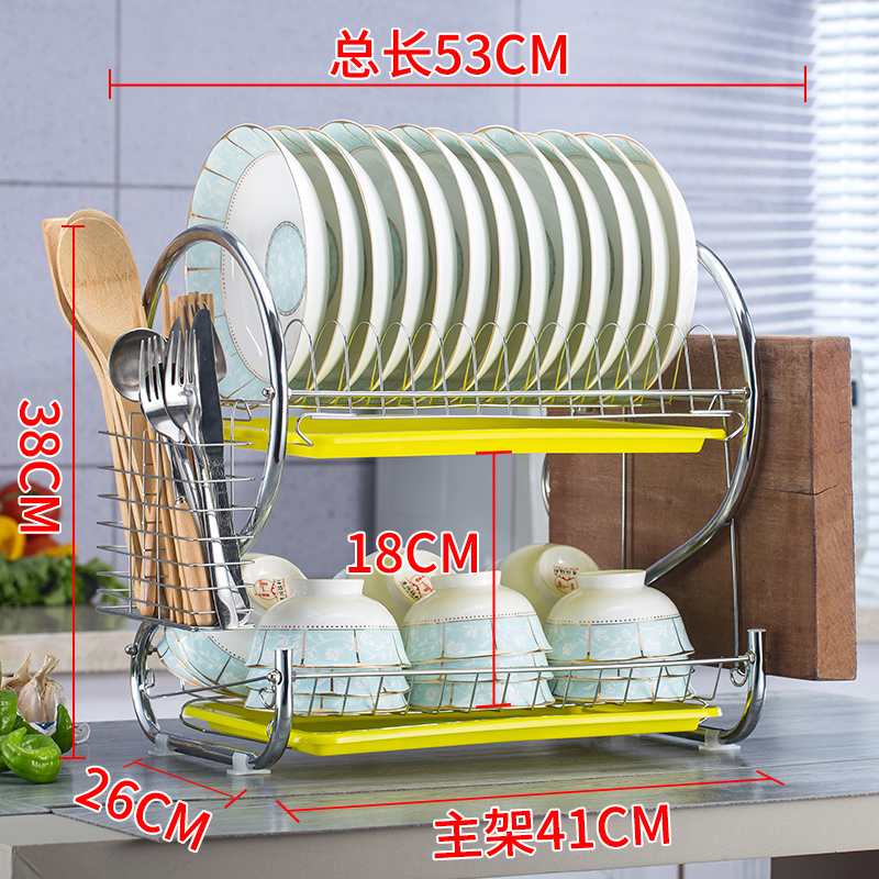 晾放碗碟沥水架碗架厨房置物架家用放碗架碗筷收纳盒餐具架储物架收纳层架三维工匠 双层绿盘砧板款