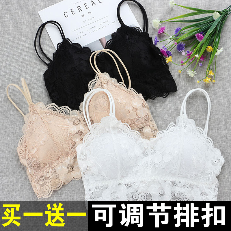 蕾丝裹胸抹胸短款拢无钢圈文胸内衣高中背带背心2件黑均(80-120斤,带胸垫)
