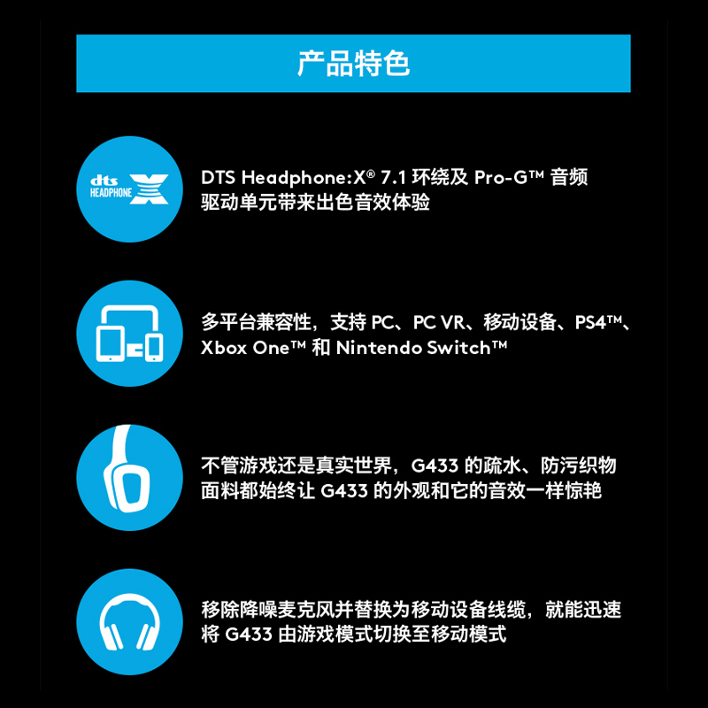 罗技(Logitech) G433 7.1 头戴式有线耳机 自定义环绕声效吃鸡游戏降噪耳机麦克风 时尚舒适便携-黑色