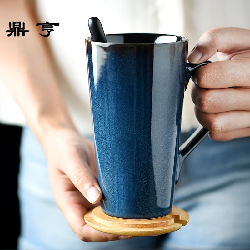 鼎亨北欧风格杯子陶瓷马克杯男生款简约创意喝水杯带盖勺咖啡杯大