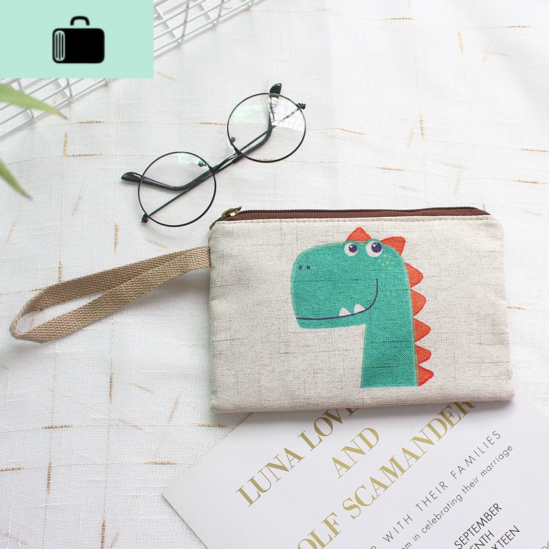 钱包女学生韩版可爱长款手拿手腕手抓包简约便携放姨妈巾的小包包NEW LAKE 101米白色底-小恐龙