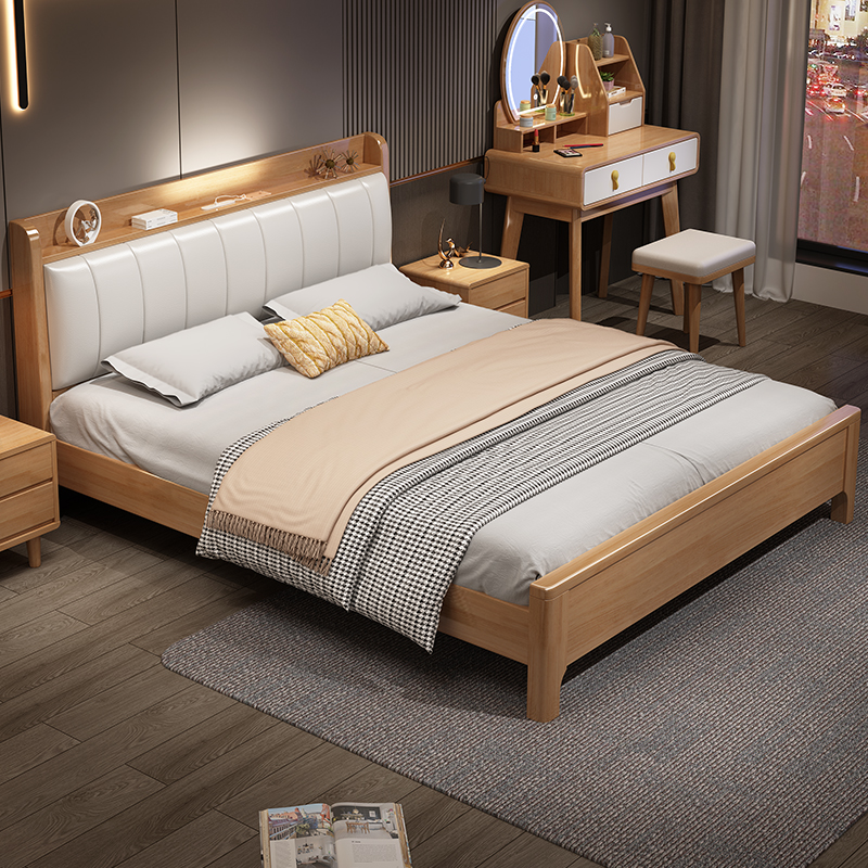 欧梵森 床 北欧橡胶木床双人床1.5米实木床主卧日式家用夜灯储物床软包床现代简约1.8米小户型轻奢卧室组合套装家具床婚床高清大图