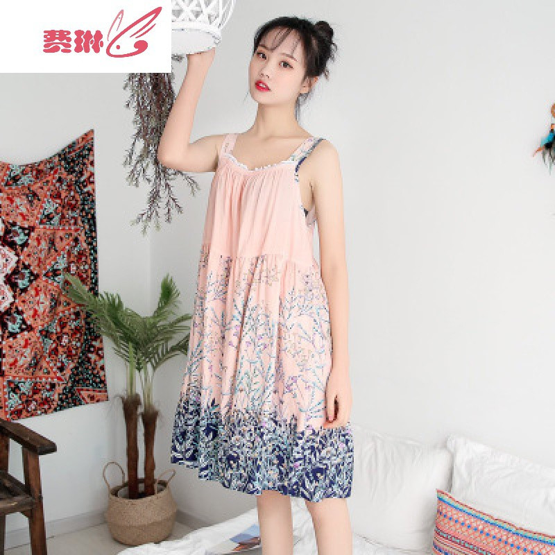 宽松吊带睡裙女夏薄款绵绸睡衣中长款大码睡裙女胖mm200斤夏 费琳