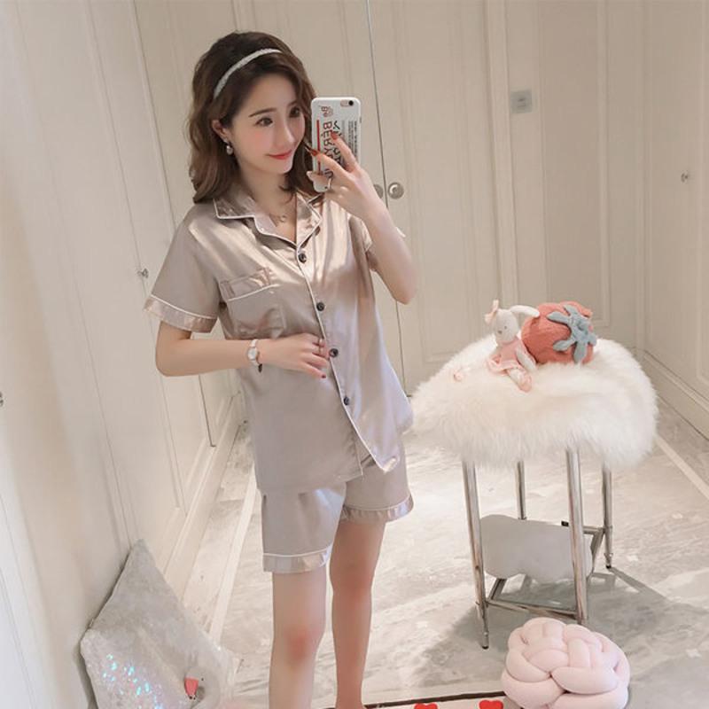 睡衣女夏季冰丝韩版性感开衫双短学生可爱家居服夏天女士丝绸套装 双短纯色香槟 M