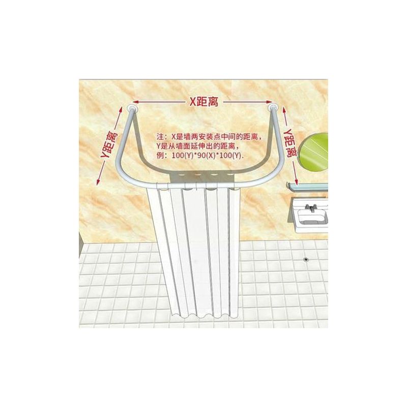 免打孔u型浴帘杆套装伸缩杆浴室卫生间挂帘淋浴房防水防霉隔断帘|打孔U型100*100*100 白漫花(peva)