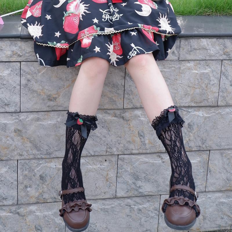日系少女可爱草莓蕾丝花边小腿袜lolita袜子萝洛丽塔中长堆堆袜子白花