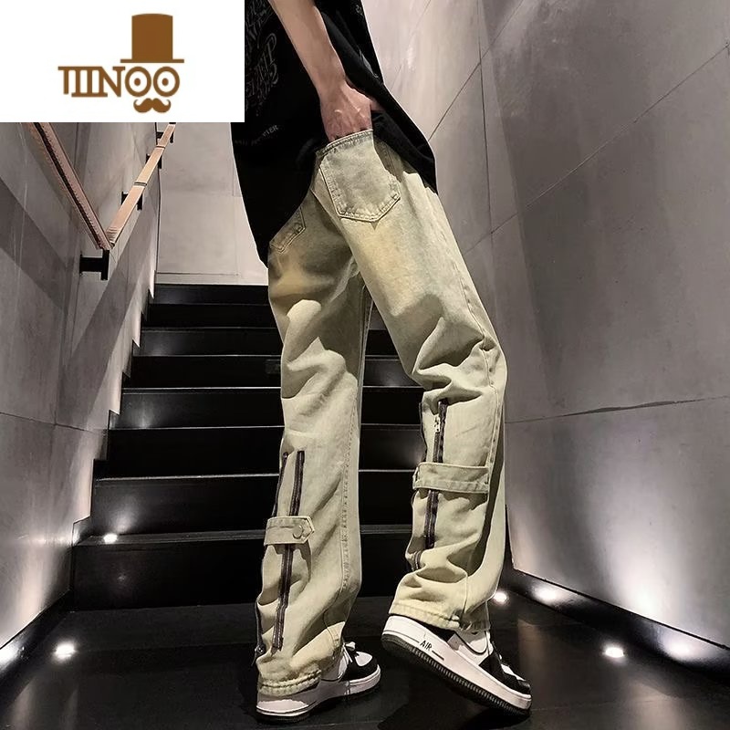 YANXU美式高街黄泥染牛仔裤男夏季小众设计感hiphop水洗复古宽松直筒裤高清大图