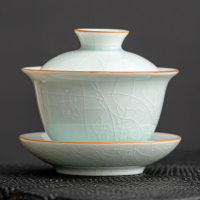 苏氏陶瓷(SUSHI CERAMICS)汝窑卵青 三才盖碗开片可养金线初放功夫茶具泡茶碗