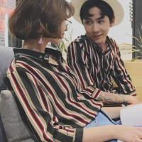 2018夏季年轻韩国情侣装竖条纹短袖衬衫男士修身中袖七分袖衬衣潮