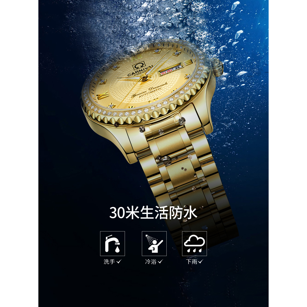 嘉年华CARNIVAL手表新款男士全自动机械表 男表时尚满天星镶水钻防水夜光精钢带腕表双日历星期显示休闲商务复古8629高清大图