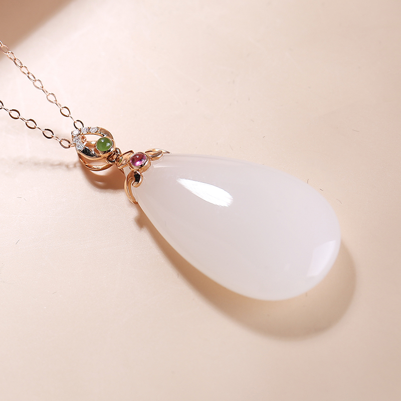 印象眸18k金镶和田玉吊坠金镶和田玉水滴形女款玉石坠子附送证书送