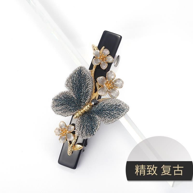 气质蝴蝶夹子成人头饰韩国女士发夹刺绣发饰一字夹顶夹后脑勺发卡 布艺蝴蝶弹簧夹A34[蓝色]
