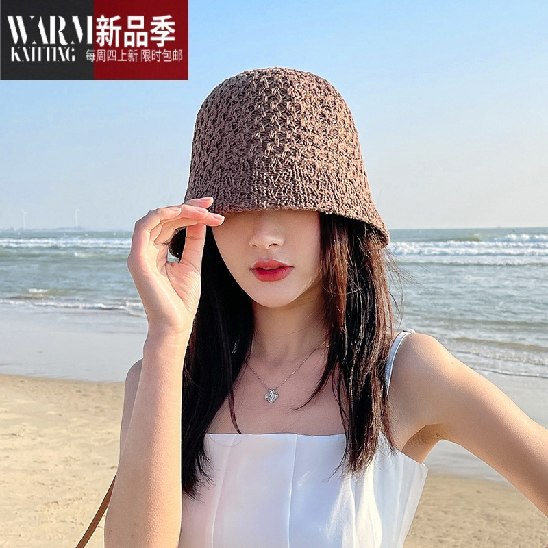 shanchao夏季小边渔夫帽女遮阳素颜遮脸盆帽日系短檐透气针织水桶帽子