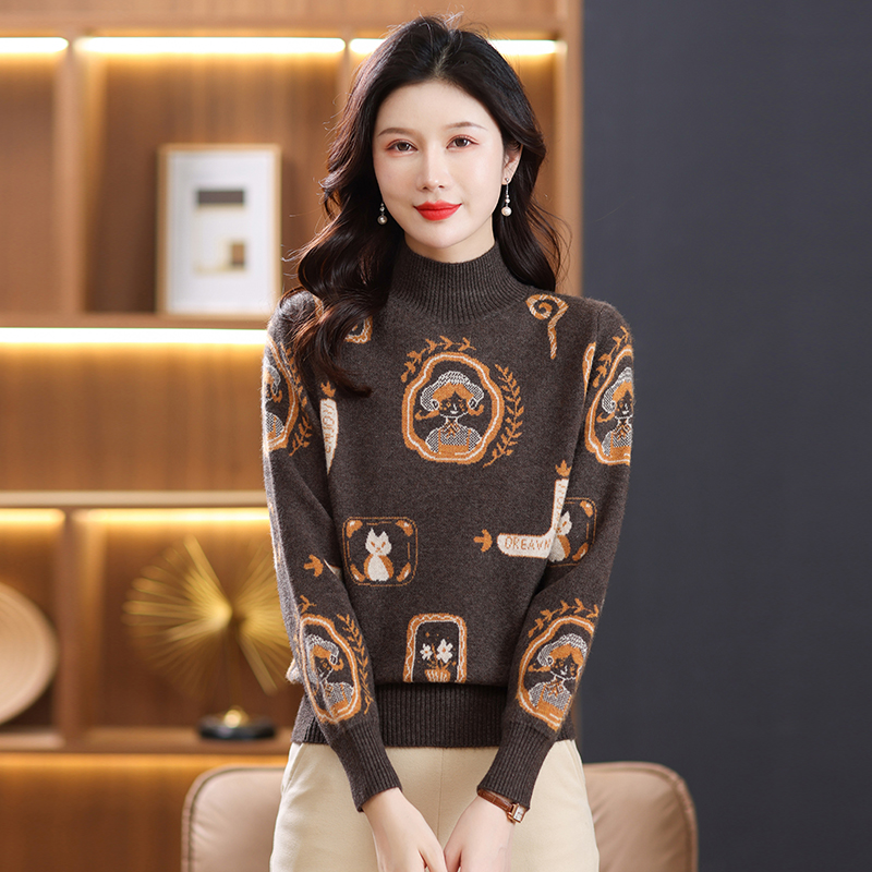 2024春秋新款山羊绒衫女针织衫打底衫毛衣圆领羊毛衫女修身短款毛衣女长袖简约绣花修身半高领毛针织衫女多款高清大图