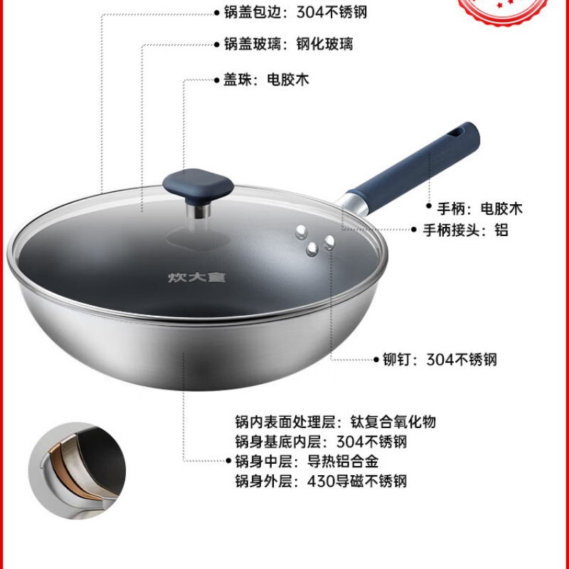 炊大皇炒锅不锈钢不粘炒锅平底炒锅32cm磁炉通用钛合TH32CG高清大图
